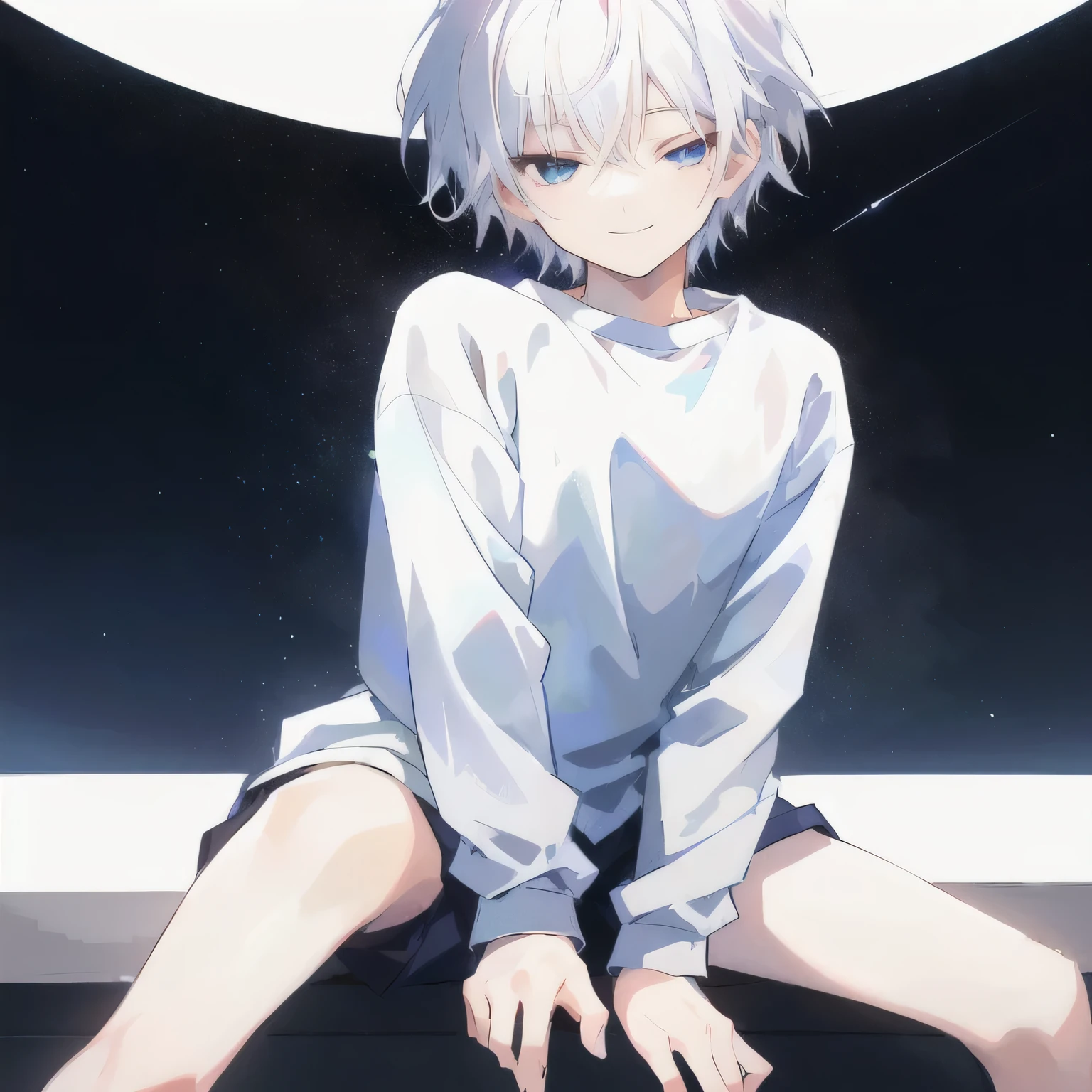 A young woman sitting on the windowsill，Anime-style image with a moon in the background, Kaworu Nagisa, anime boy, Tall anime man with blue eyes, 4k comics wallpaper, White hair deity, Young anime man, White hair, A teasing smile, Short hair white hair girl, Killua Zoldyck brunette, A faint smile