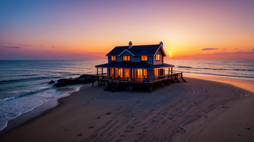 Beautiful house on a fabulous seashore, scarlet sunset, the moon is bright