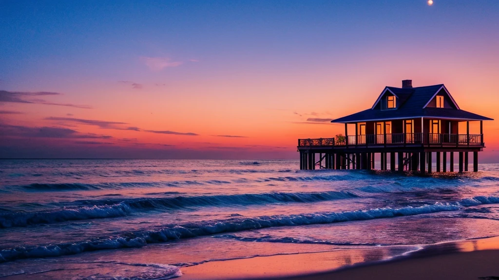 Beautiful house on a fabulous seashore, scarlet sunset, the moon is bright