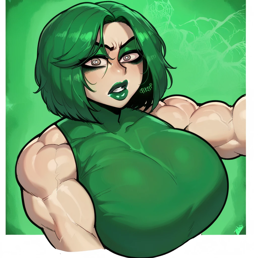 score_9, score_8_up, score_7_up, score_6_up, score_5_up, score_4_up, BREAK 1girl, ((muscular body:1)), intricate, (eyeliner:1.2), looking at viewer, green hair, green lips, detailed background,huge breasts (masterpiece, high quality:1), shock expression, upper body focus.
