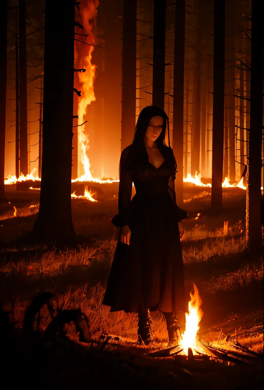 gorgeous  woman, 25 YEARS OLD WITH ENIGMATIC EXPRESSION, surrounded by a circle of fire torches, sobbing, WITH LONG BLACK DRESS, standing, de corpo inteiro, blood stained dress, macabre scenery of a forest, around a gloomy fog, with flames surrounding the woman, on a full moon night, 17th century, picture-perfect, realisitic, 8k
