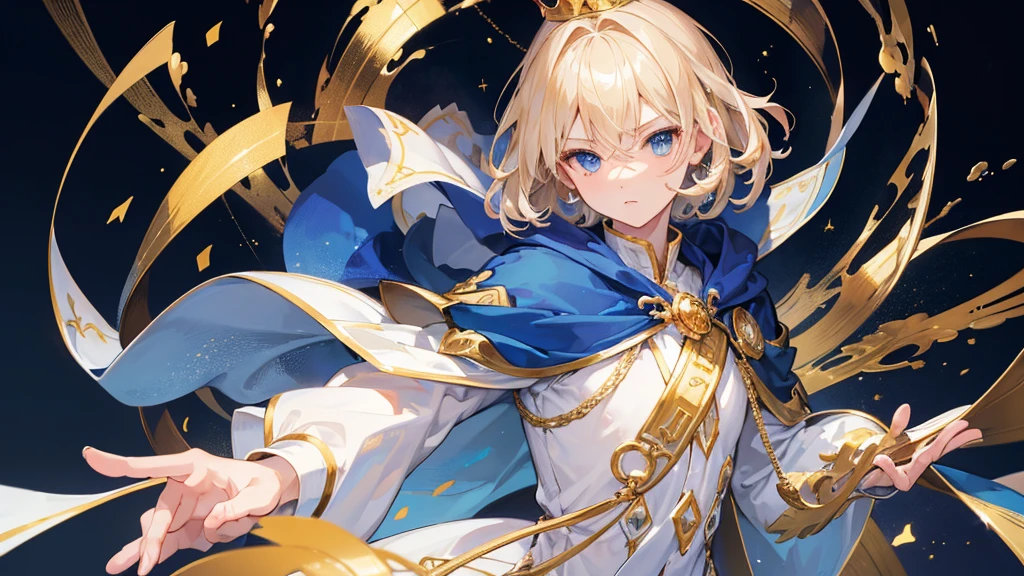 (Highest quality) (4K) (8k) (High resolution) (masterpiece:1.2) (Super detailed) One boy short hair Wizard Blue Eyes Long sleeve Golden decoration Hair between the eyes White Dress Wavy golden hair Upper Body crown (White Background) cute Young Serious
