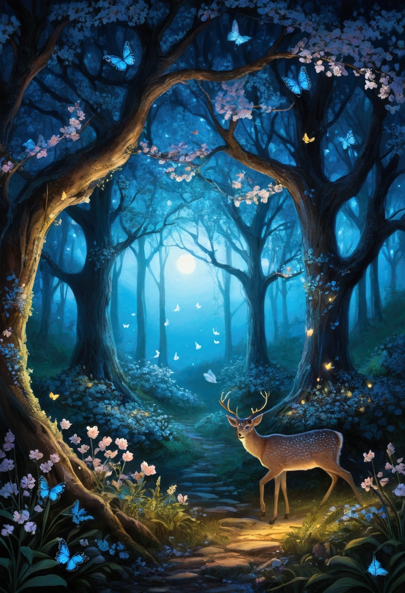 A magical nighttime forest scene with a beautiful blossom tree. The leaves of the tree are replaced by glowing blue butterflies, creating a soft, ethereal light. The forest is teeming with nighttime wildlife, including owls perched on branches, deer grazing nearby, and fireflies illuminating the scene with their gentle glow. The atmosphere is serene and enchanting, with the soft light of the butterflies casting a magical ambiance over the entire scene."