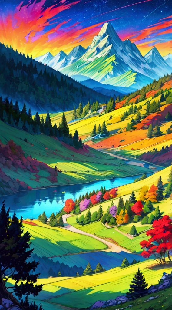 (masterpiece), anime style landscape, (colorful), vibrant colors, rolling hills, majestic mountains, serene lake, detailed foliage, dramatic lighting, cinematic composition, digital art, intricate details, highly detailed