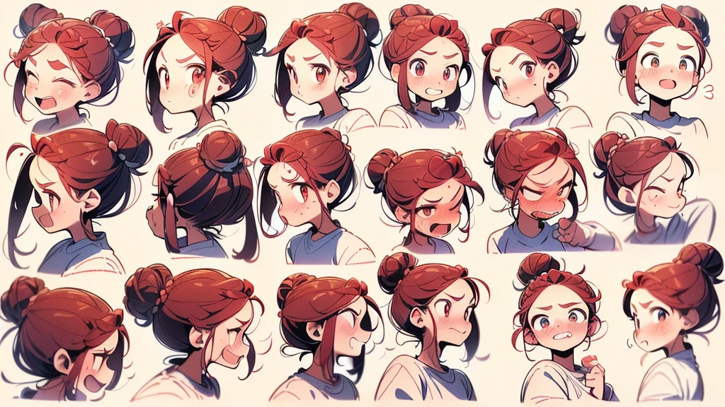 21 years old, red hair girl, Long hair in the armpits (((happy face, flirty face, Excited faces, alert face, Scared face, confused face))) Jeans and tight shirts, ((Bun hairstyle)) (((Detailed character sheet, front view, side view, three quarter view))) (((white background)))