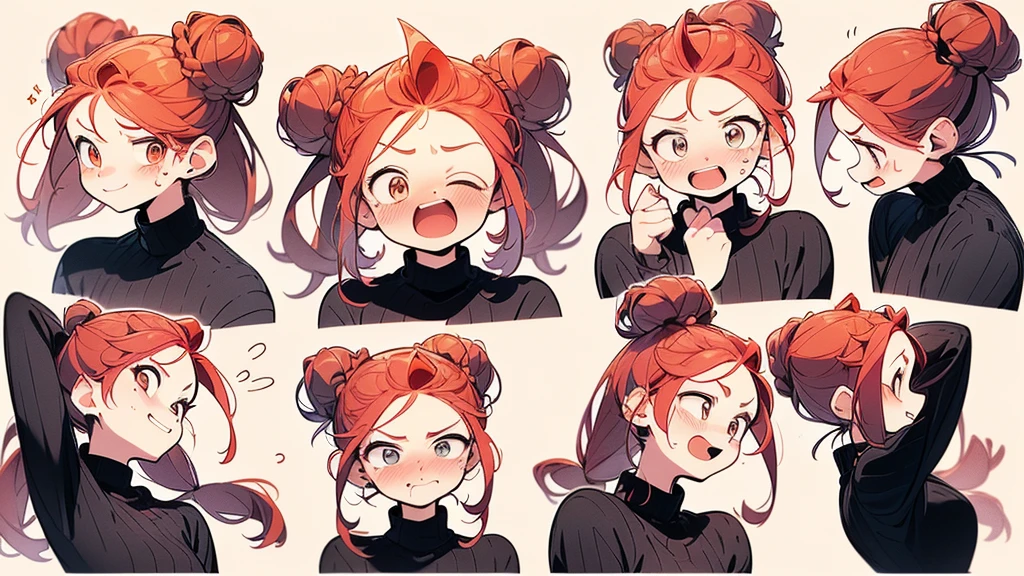 21 years old, red hair girl, Long hair in the armpits (((happy face, flirty face, Excited faces, alert face, Scared face, confused face))) Jeans and tight shirts, ((Bun hairstyle)) (((Detailed character sheet, front view, side view, three quarter view))) (((white background)))