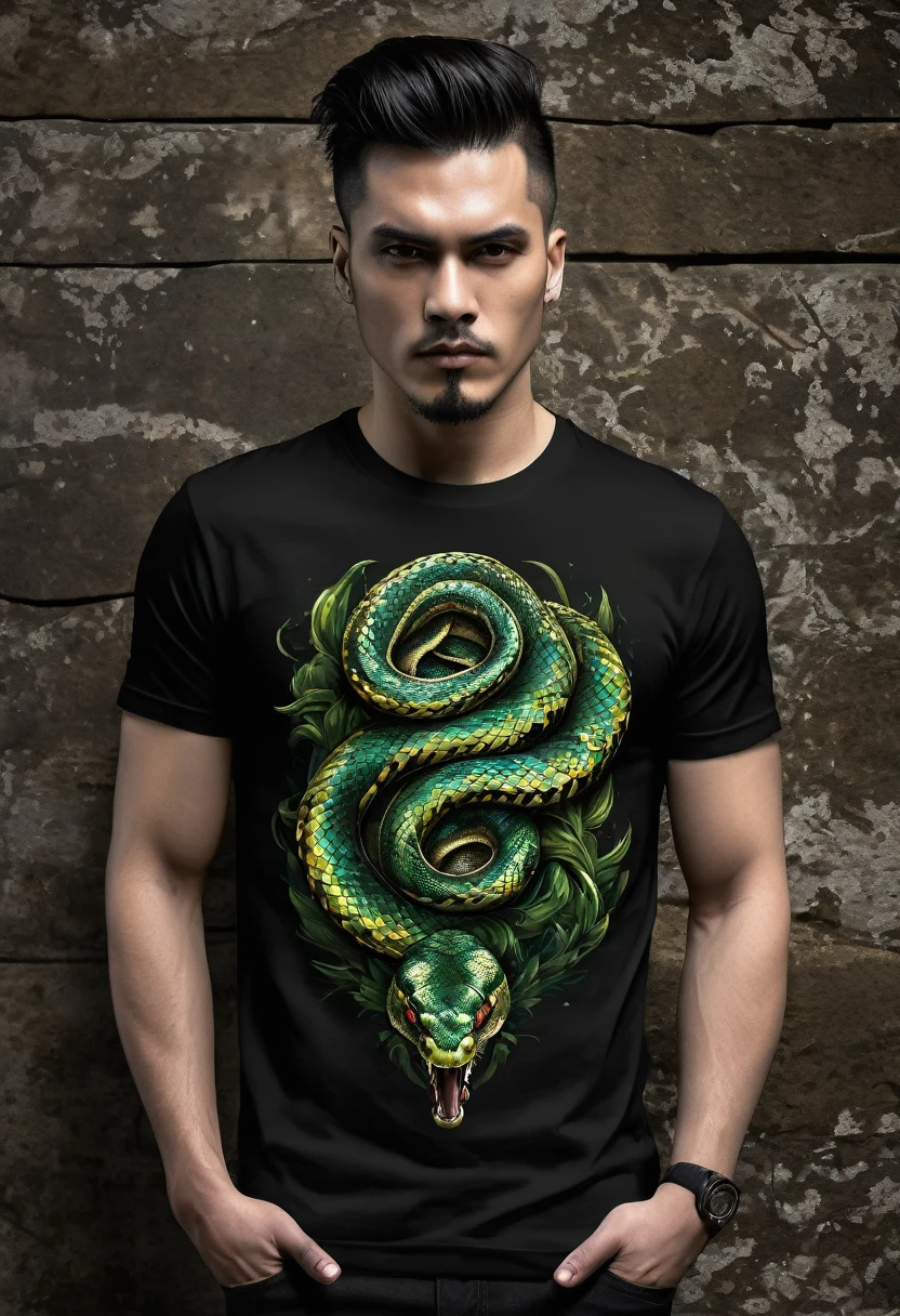 t shirt design, Create a menacing black t-shirt with a full-length python motif inspired by the aesthetics of heavy metal music. The artwork features an elegant style, python dourado e verde claro enrolado sinuosamente, its scales shining in the dim light. python&#39;The mouth is wide open, revealing rows of sharp teeth dripping with blood, exuding a raw feeling, primitive aggression, clear sky and bright sun in the background, improving the sinister atmosphere of the design. python&#39;the eyes shine with a malevolent shine, capturing the essence of danger and violence. The overall style is bold and intense, embodying the dark and edgy spirit of heavy metal music.