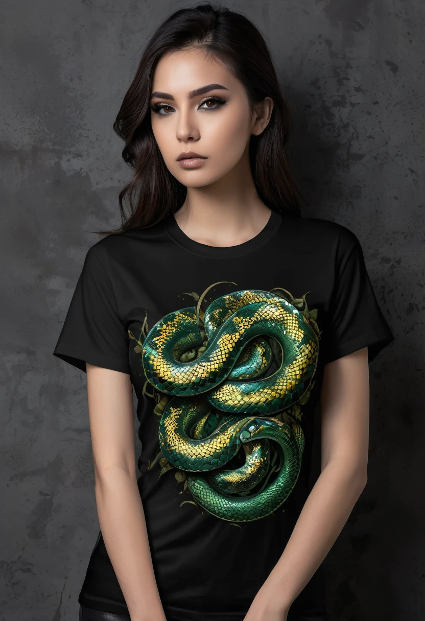 t shirt design, Create a menacing black t-shirt with a full-length python motif inspired by the aesthetics of heavy metal music. The artwork features an elegant style, python dourado e verde claro enrolado sinuosamente, its scales shining in the dim light. python'The mouth is wide open, revealing rows of sharp teeth dripping with blood, exuding a raw feeling, primitive aggression, clear sky and bright sun in the background, improving the sinister atmosphere of the design. python'the eyes shine with a malevolent shine, capturing the essence of danger and violence. The overall style is bold and intense, embodying the dark and edgy spirit of heavy metal music.