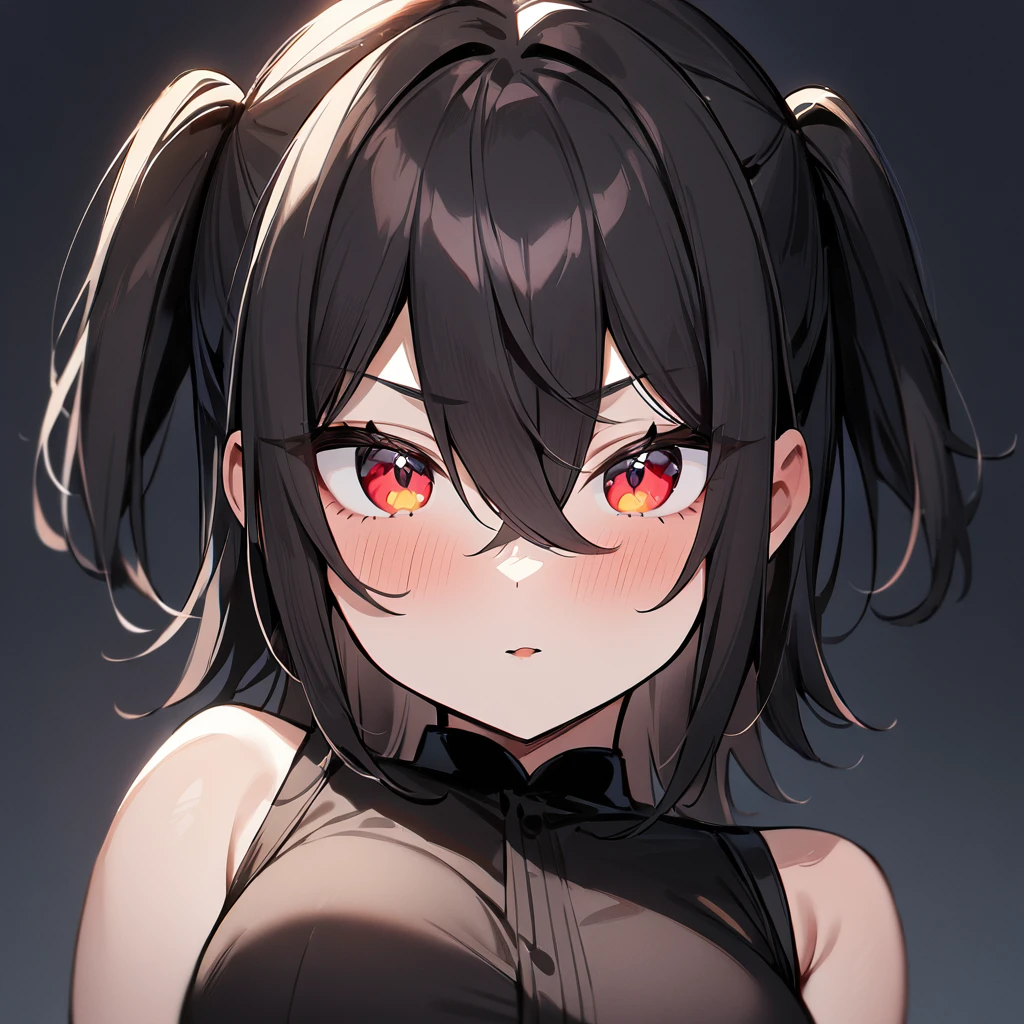 1 girl,Androgynous,two side up,big breast,black hair,red eyes,medium hair,sidelocks,Multicolored eyes,upper body,breasts focus,masterpiece, best quality, very aesthetic, absurdres,cute
