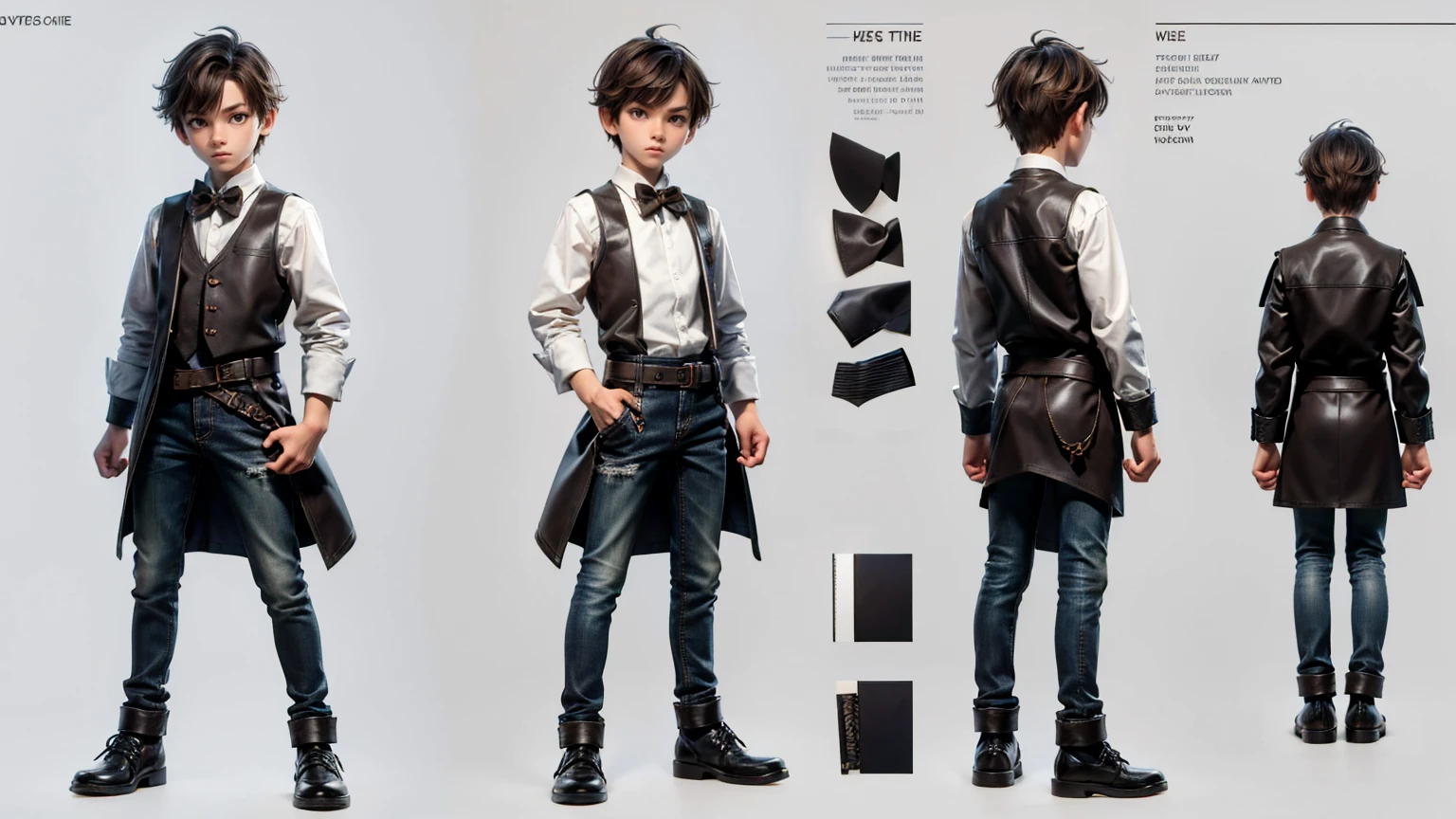 boy wearing shirt and pent wearing, full standing pose, short brown hairs, Character Sheet, 12 yo student, Full body, Simple white background, character reference sheet, Concept art, design sheet
