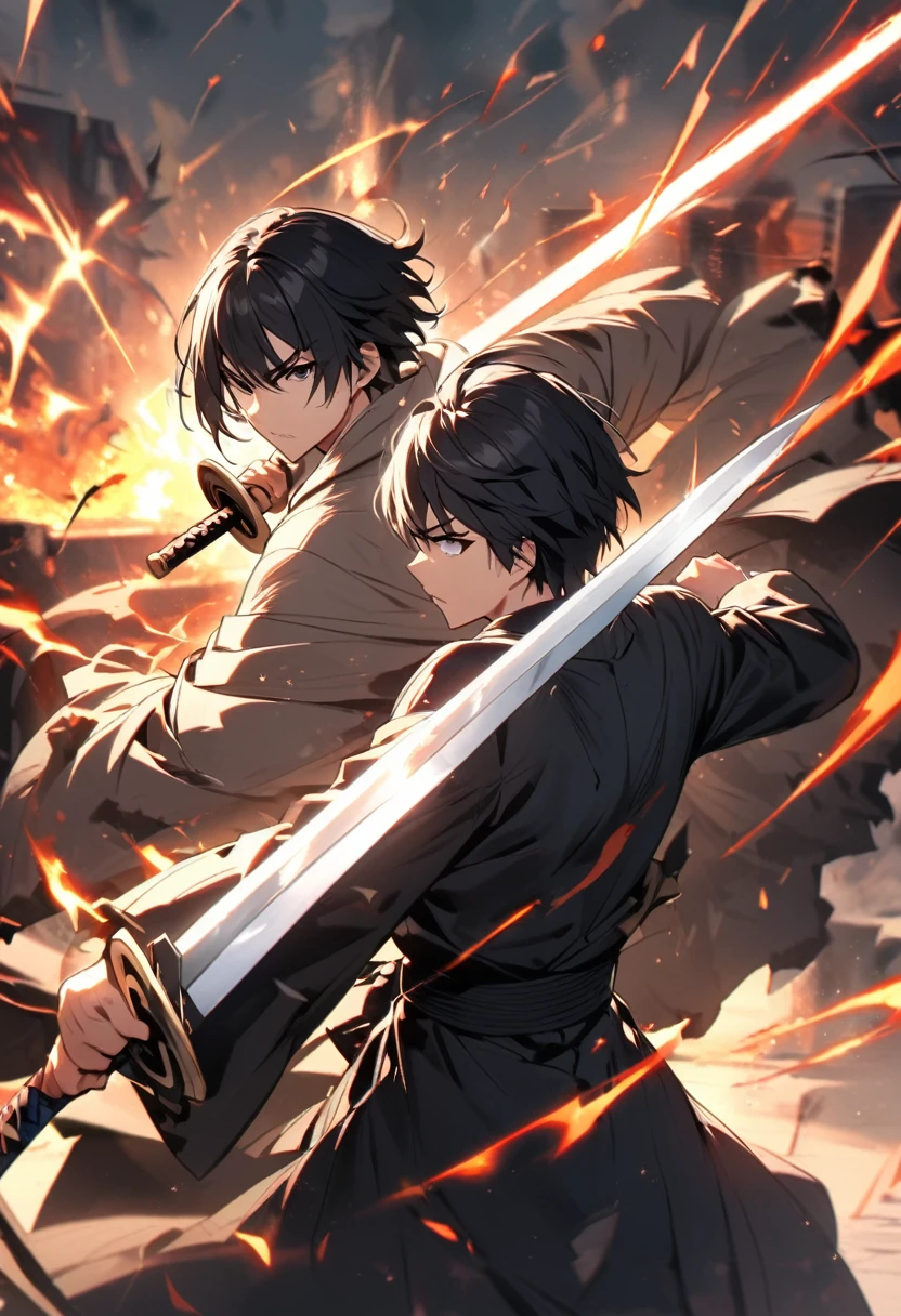 （Two people, Back to Back）、 short hair, Black Hair, Black eyes,,Chopped Robe、 Lots of power,Sword Fighting