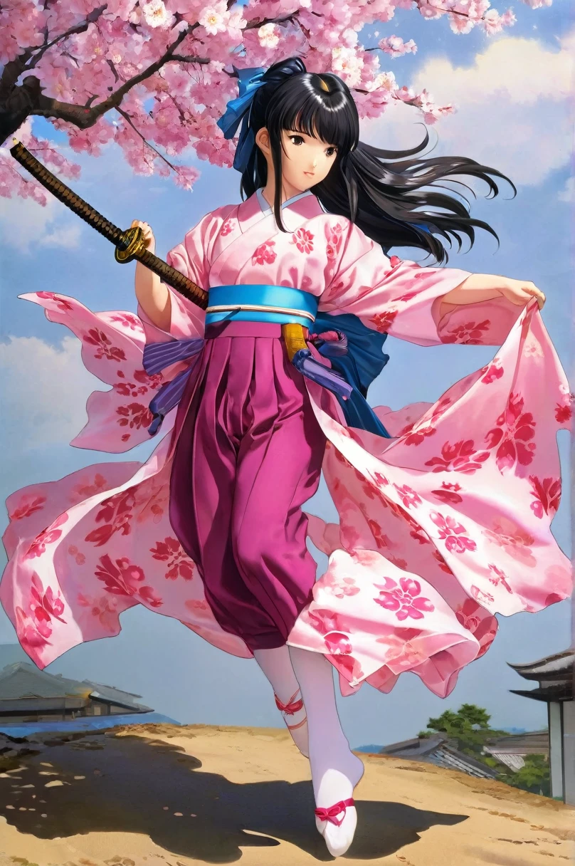 10 year old girl underwear, sakura shinguuji、Realistic bloomers made from patterned cotton fabric, Kimono and Hakama, Fabric Realism, Low Angle, I see bloomers, Pull up the dress by hand, Strong winds, Translucent slip, Translucent slip, tights, Highest quality,  whole body、Black Hair、Holding a sword、Big ribbon in hair