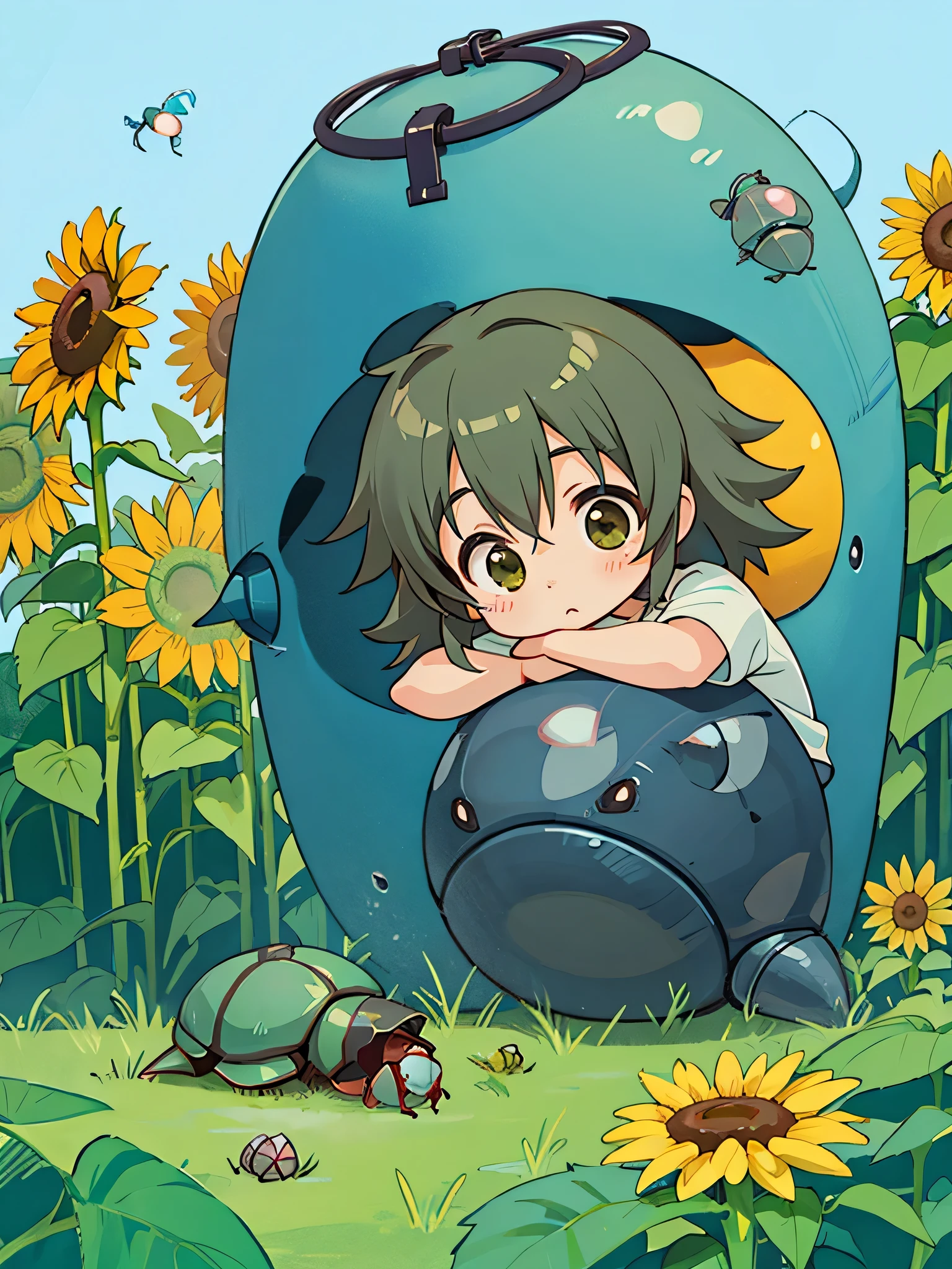 Makoto Shinkai colorful style, Kawaii Design, The most beautiful girl of all time、chibi, playing, (((Cute pillbug))), sunflowers
