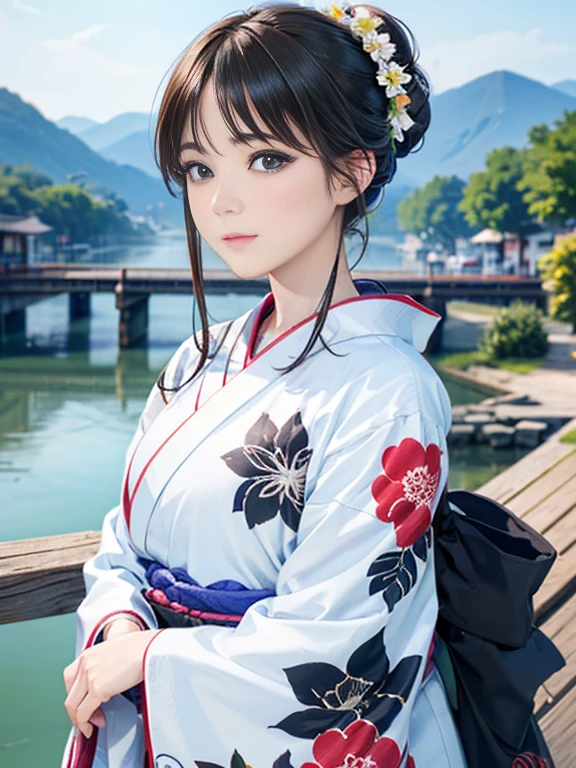 (Highest quality、 8k 、masterpiece、High resolution)、(whole body)、Vibrant colors、Brown-black bob、Traditional round topknot、Ample breasts、(Highly detailed face and eyes、Beautiful Face、Beautiful Eyes、Beautiful nose、Pretty lips)、 (Beautiful woman standing on a riverside observation deck)、(A friendly gaze)、(Oh!！Facial expression that)、(Vivid floral patterned kimono)、Official Art、  The background is a wide river、Nearby bridge、Riverside streetscape、Mountains in the distance、Detailed CG、