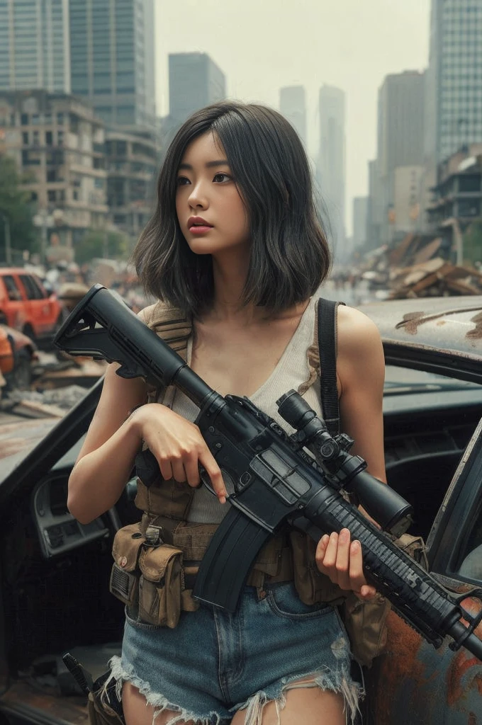 8k,Realistic Photo、Realistic Skin Texture、Superrealism、Japanese women living in America、Loading luggage into a worn-out convertible、Carrying a rifle on his shoulder