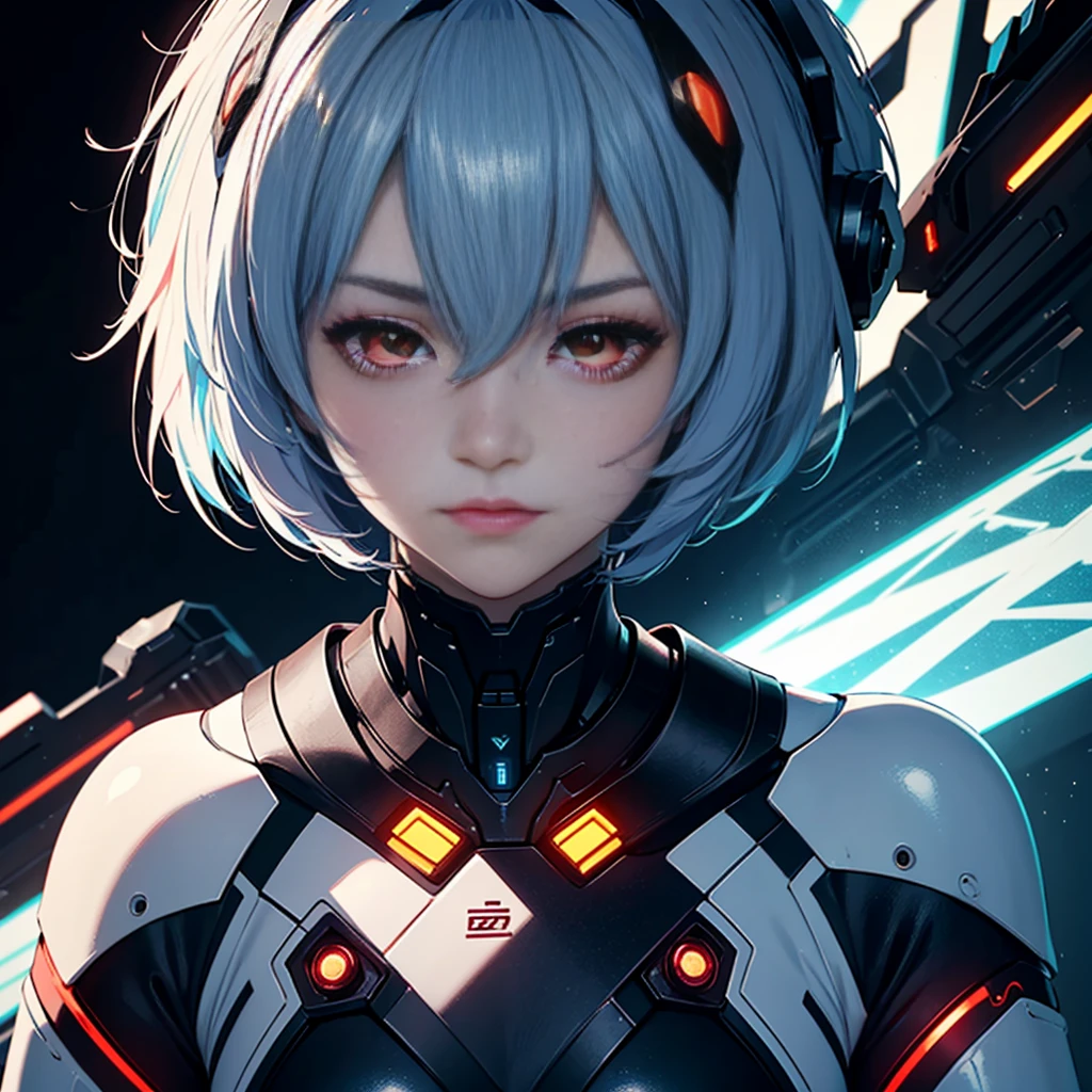 (Highest quality:1.2),One girl,alone,Ayanami Rei,White bodysuit,Red eyes,Pilot Suit,short hair,Blue Hair,bangs,Interface Headset,turtleneck,Hair between the eyes,Pixelated Background,Neon Light,Sci-Fi Color Scheme,Vibrant colors,Metallic texture,Detailed shading,Holographic interface,Dark atmosphere,High Contrast,Sharp focus,Twigs of hair,Reflective surface,Exquisite detail,High resolution,Studio Lighting,Red accents,Illuminated surroundings,Artificial Intelligence Assistant Information,Ayanami,Eva,cute