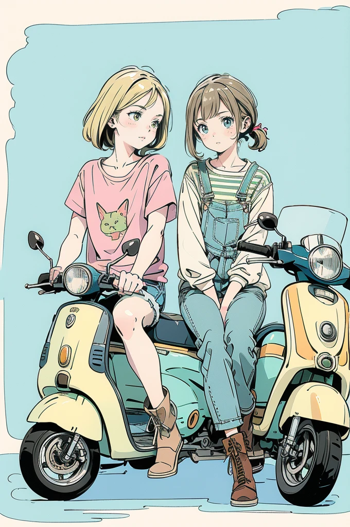 A beautiful anime-style illustration. A brown striped cat is sleeping on the seat of a pale blue scooter. A blonde woman is crouching next to the scooter, gazing at the cat. The woman is wearing a green off-the-shoulder top, denim shorts and brown boots. The background is pale blue, giving the illustration a simple and clean feel. The overall color scheme is soft, creating a warm atmosphere.