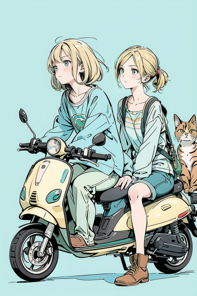 A beautiful anime-style illustration. A brown striped cat is sleeping on the seat of a pale blue scooter. A blonde woman is crouching next to the scooter, gazing at the cat. The woman is wearing a green off-the-shoulder top, denim shorts and brown boots. The background is pale blue, giving the illustration a simple and clean feel. The overall color scheme is soft, creating a warm atmosphere.