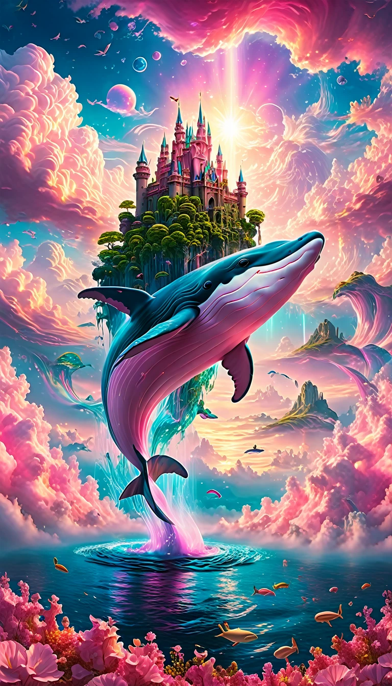 (a Dream Castle on the back of a pink majestic whale) floating above the clouds of sky, dream castle, pink majestic whale,(best quality,4k,8k,highres,masterpiece:1.2),ultra-detailed, ethereal, dreamlike, surreal, with a touch of magic, vibrant colors, soft and delicate, blending seamlessly into the clouds, with a serene and tranquil expression, surrounded by a mystical aura, glowing softly, reflecting the sunlight, creating a breathtaking scene