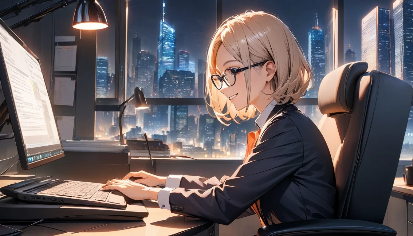 Office workers working on a computer,Portraiture,Professional,Wearing a smart suit,Stylish glasses,Typing on a sleek laptop,Use a wireless mouse,Sitting at a modern desk,Smile confidently,City skyline in the background,Soft natural light,High resolution,High resolution,Very detailed.One Woman ,alone