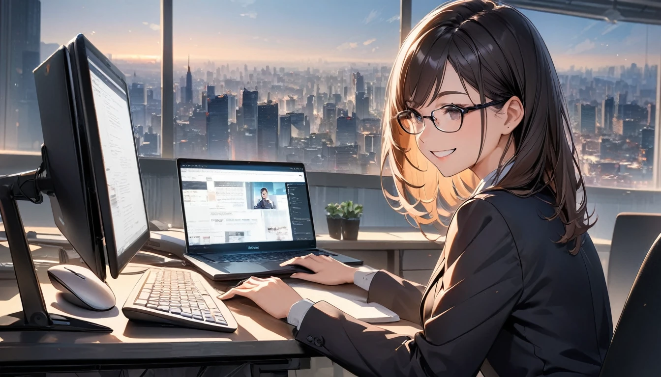 Office workers working on a computer,Portraiture,Professional,Wearing a smart suit,Stylish glasses,Typing on a sleek laptop,Use a wireless mouse,Sitting at a modern desk,Smile confidently,City skyline in the background,Soft natural light,High resolution,High resolution,Very detailed.One Woman ,alone