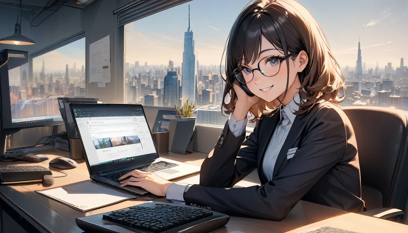 Office workers working on a computer,Portraiture,Professional,Wearing a smart suit,Stylish glasses,Typing on a sleek laptop,Use a wireless mouse,Sitting at a modern desk,Smile confidently,City skyline in the background,Soft natural light,High resolution,High resolution,Very detailed.One Woman ,alone