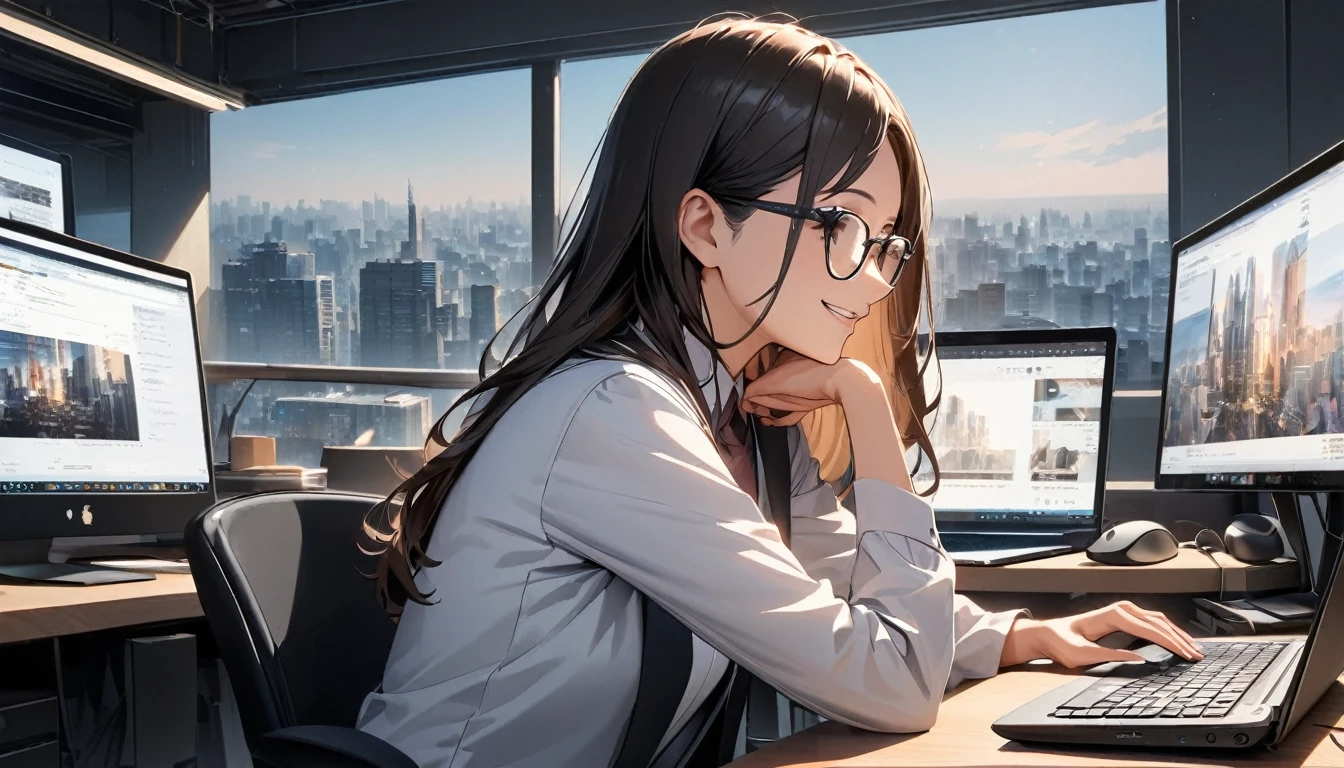 Office workers working on a computer,Portraiture,Professional,Wearing a smart suit,Stylish glasses,Typing on a sleek laptop,Use a wireless mouse,Sitting at a modern desk,Smile confidently,City skyline in the background,Soft natural light,High resolution,High resolution,Very detailed.One Woman ,alone