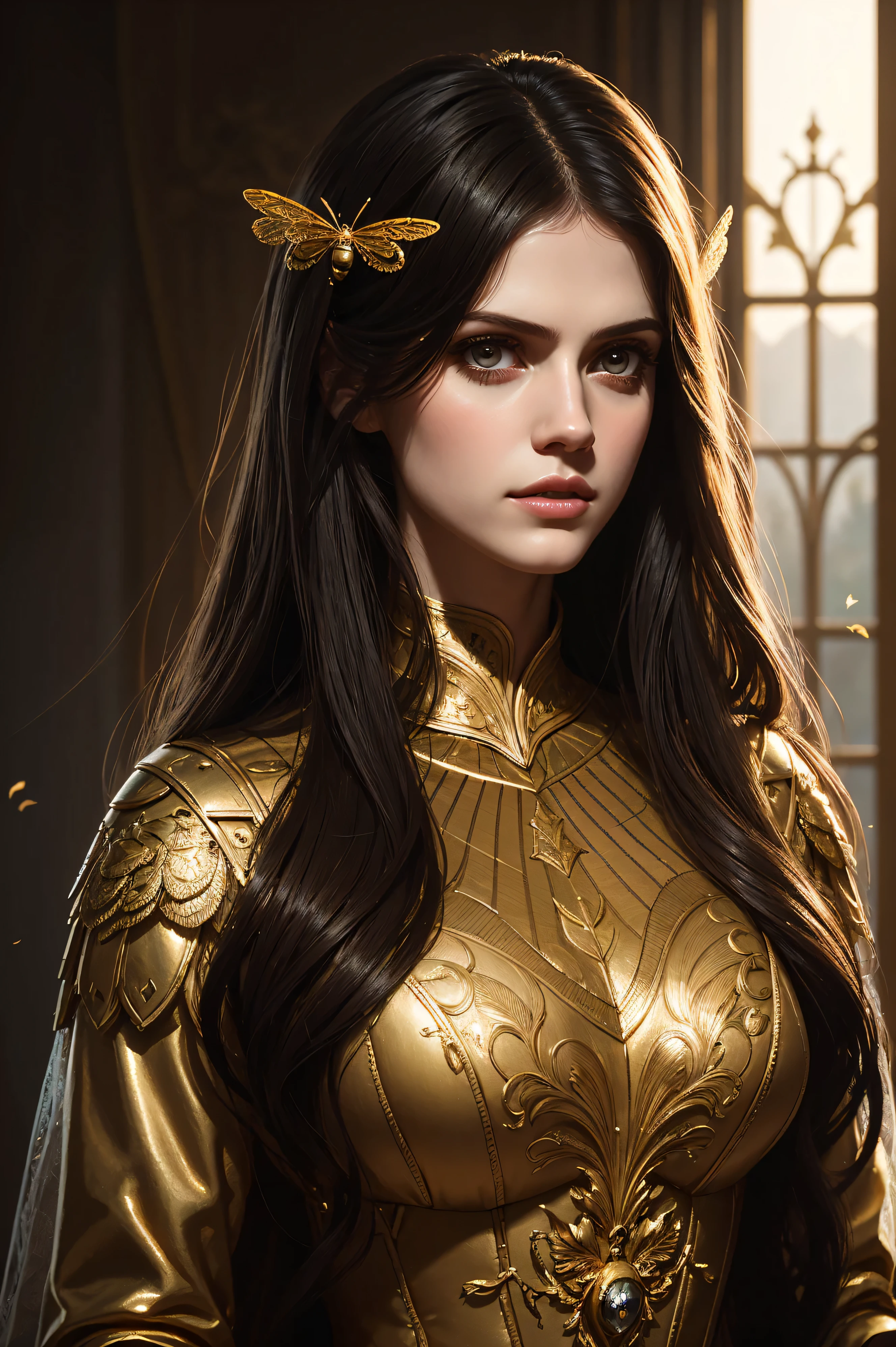 36k, portrait Alexandra Daddario, wearing breasts bee costume, against the background of Versailles, character portrait, 8 9 9 0 s, long hair, intricate, elegant, highly detailed, digital painting, artstation, concept art, smooth, sharp focus, illustration, art by wlop, charlie bowater and alexandra fomina