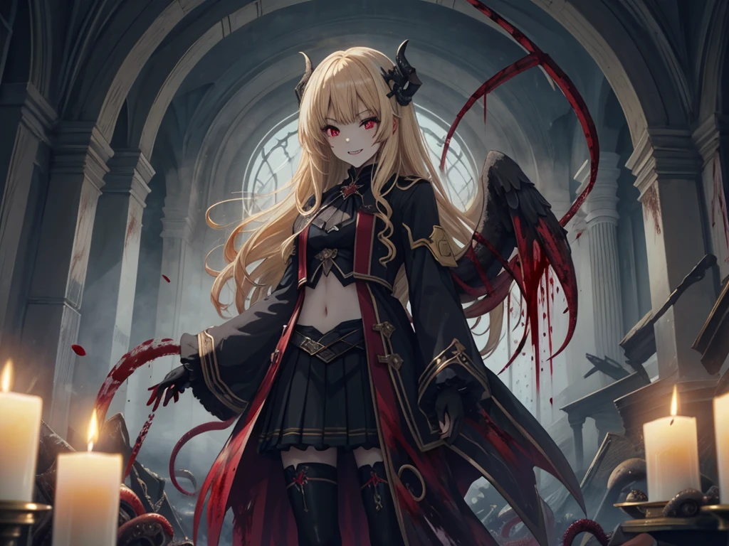 (Highest quality,4K,High resolution,masterpiece:1.2),Very detailed,Realistic:1.37,masterpiece, Highest quality, Exquisitely crafted, woman, beautiful, elegant, smile, Blood, iridescent Long Hair, bangs, skirt, shirt, Long sleeve, Frills, shoes, (Red and Black:1.4), flower, spooky, Horror, 頭蓋Bones, Long Hair, Black Hair, Candles, Blood, hair flower, Dead, hair ornaments, Bone, doll, 頭蓋Bone, skeleton, Horror (theme),spooky altar background,Dark fantasy,Red color scheme,Ominous atmosphere,Eye-catching,Storytelling,anatomy,Anime Style,Concept Art,beautiful細部までこだわった顔と (((Red eyes ))),A terrifying ritual ,Satanic Ritual,Premature death,Misconduct,クレイジーなsmile,Scythe Face,Girl Monster, beautiful, Delicate facial features, Sharp Eye, Sharp Fangs, Pale skin, blonde,robot,Cursed Painting, Dark Background, Cinema Lighting, Dramatic Shadows, Gothic style, Gloomy atmosphere, Dark fantasy, One Girl, , Please open your mouth wide, Open your mouth and baring your teeth,Sharp teeth like a beast, Wide lips, very wide mouth, Vermilion cheeks, ,(Bloodしぶき:1.4),Scary smile, smile,Fallen angel design, ねじれたsmile、Bloodまみれの、頭からの出Blood,、Bloodしぶき、,(Bloodしぶき:1.4),Crossbones, 頭蓋Bone,Horrorスタイル, ((Fantasy Fallen Angel Costume)), ((流れるようなBlack Hair)), ,(Bloodしぶき:1.4),womanの曲線, Sexy flat stomach, Perfect hands, Perfect anime face, ((White Lolita Dress)), Are standing, ((邪悪なsmile)), ,(Bloodしぶき:1.4), Steam circulates, Moonlight Illumination, night間照明, disaster々new devil horns,,(Bloodしぶき:1.6),アニメFallen angel design, ねじれたsmile、Bloodまみれの、頭からの出Blood,、Bloodしぶき、,(Bloodしぶき:1.4),Crossbones, 頭蓋Bone,Gothic architecture、Western architecture、Fantasy World、,Victorian cities, 骸Boneのガス灯,(スリラーtheme,Bloodみどろの暴力theme:1.3),(Unclean mollusk tentacles,radicalism:1.4), Good details, (Glowing background), Highest quality, wide angle super detail, masterpiece, 8k, Natural light, Soft lighting, sunlight, High resolution (High Dynamic Range), Maximum clarity and sharpness, Multilayer Texture, Looking at the audience,Close to the audience,night,Unclean, (Faith of the Dead,A totally malicious cult,Human Sacrifice Ritual,spooky黒い霧とBloodの霧,spooky熱狂的な笑み:1.4),(重度の出Blood, self-injurious behavior:1.4) 1 girl,Upper Body,Perfectly detailed eyes and face,Frowning,Red eyes,Gray Hair,頭蓋BoneとBoneをthemeにした衣装,beautifulディテールの黒のゴシックドレス,Bloodの涙, (頭蓋BoneとBoneだけで建てられたカルト寺院,skeletonビーム,Boneの祭壇:1.4), (Glowing Eyes,乱れたLong Hair,:1.5), Lens flare,Light leakage,