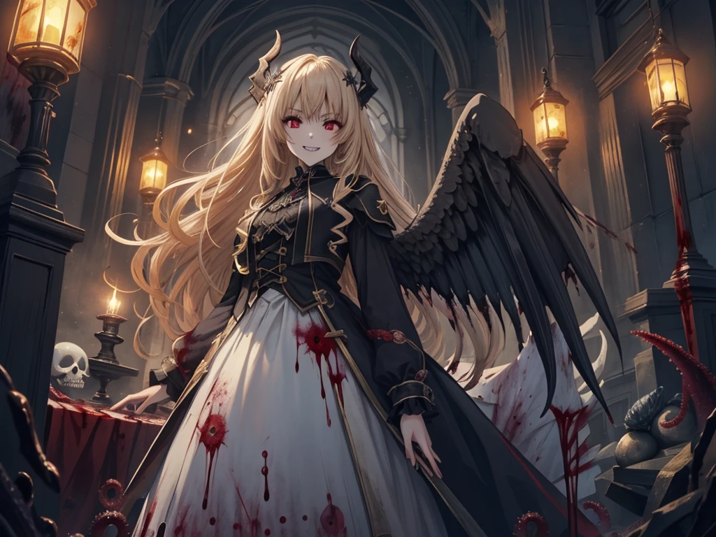 (Highest quality,4K,High resolution,masterpiece:1.2),Very detailed,Realistic:1.37,masterpiece, Highest quality, Exquisitely crafted, woman, beautiful, elegant, smile, Blood, iridescent Long Hair, bangs, skirt, shirt, Long sleeve, Frills, shoes, (Red and Black:1.4), flower, spooky, Horror, 頭蓋Bones, Long Hair, Black Hair, Candles, Blood, hair flower, Dead, hair ornaments, Bone, doll, 頭蓋Bone, skeleton, Horror (theme),spooky altar background,Dark fantasy,Red color scheme,Ominous atmosphere,Eye-catching,Storytelling,anatomy,Anime Style,Concept Art,beautiful細部までこだわった顔と (((Red eyes ))),A terrifying ritual ,Satanic Ritual,Premature death,Misconduct,クレイジーなsmile,Scythe Face,Girl Monster, beautiful, Delicate facial features, Sharp Eye, Sharp Fangs, Pale skin, blonde,robot,Cursed Painting, Dark Background, Cinema Lighting, Dramatic Shadows, Gothic style, Gloomy atmosphere, Dark fantasy, One Girl, , Please open your mouth wide, Open your mouth and baring your teeth,Sharp teeth like a beast, Wide lips, very wide mouth, Vermilion cheeks, ,(Bloodしぶき:1.4),Scary smile, smile,Fallen angel design, ねじれたsmile、Bloodまみれの、頭からの出Blood,、Bloodしぶき、,(Bloodしぶき:1.4),Crossbones, 頭蓋Bone,Horrorスタイル, ((Fantasy Fallen Angel Costume)), ((流れるようなBlack Hair)), ,(Bloodしぶき:1.4),womanの曲線, Sexy flat stomach, Perfect hands, Perfect anime face, ((White ta Dress)), Are standing, ((邪悪なsmile)), ,(Bloodしぶき:1.4), Steam circulates, Moonlight Illumination, night間照明, disaster々new devil horns,,(Bloodしぶき:1.6),アニメFallen angel design, ねじれたsmile、Bloodまみれの、頭からの出Blood,、Bloodしぶき、,(Bloodしぶき:1.4),Crossbones, 頭蓋Bone,Gothic architecture、Western architecture、Fantasy World、,Victorian cities, 骸Boneのガス灯,(スリラーtheme,Bloodみどろの暴力theme:1.3),(Unclean mollusk tentacles,radicalism:1.4), Good details, (Glowing background), Highest quality, wide angle super detail, masterpiece, 8k, Natural light, Soft lighting, sunlight, High resolution (High Dynamic Range), Maximum clarity and sharpness, Multilayer Texture, Looking at the audience,Close to the audience,night,Unclean, (Faith of the Dead,A totally malicious cult,Human Sacrifice Ritual,spooky黒い霧とBloodの霧,spooky熱狂的な笑み:1.4),(重度の出Blood, self-injurious behavior:1.4) 1 girl,Upper Body,Perfectly detailed eyes and face,Frowning,Red eyes,Gray Hair,頭蓋BoneとBoneをthemeにした衣装,beautifulディテールの黒のゴシックドレス,Bloodの涙, (頭蓋BoneとBoneだけで建てられたカルト寺院,skeletonビーム,Boneの祭壇:1.4), (Glowing Eyes,乱れたLong Hair,:1.5), Lens flare,Light leakage,