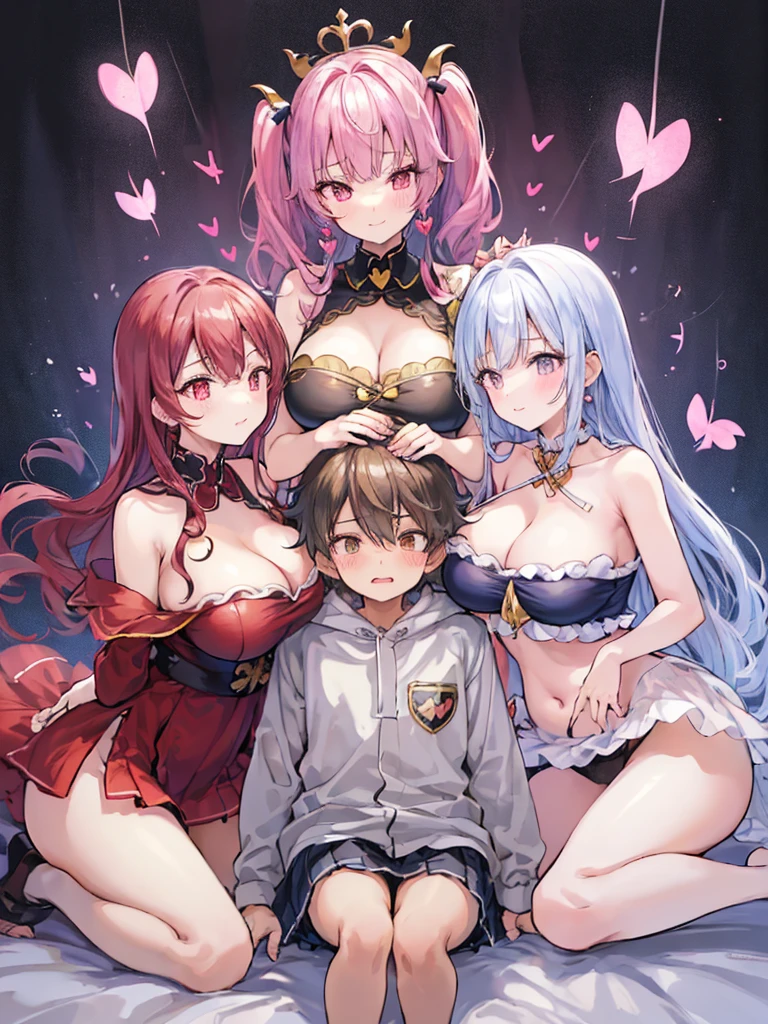 best quality, super fine, 16k, extremely detailed, delicate and dynamic, (3 women and 1 boy:1.4), cute woman,boy, baby face,black hair, pink eyes, A detailed eye, source_anime, high detail, hair ornament,smile, Young features, looking at viewer, (white background:1.3)fluffy hair, Elementary school girls,hair clips, Black Stockings,standing, underwear,teenage girl, belly button, skirt,beautiful illustrations, highest quality, pretty girl,beautiful girl, clear face, pastel colour ,blonde hair, smile, blush, にこやかなsmile, thighs,perfect hands, five fingereet,Three Succubi (symmetrical succubus wings), (triplets:1.2), (ribbon:1.1), tie, Bree, earrings, Suspicious face, alicious smile, Bruises and ugly facial features, young features, fluffy hair, (Open your mouth and laugh), Chiquita, Colossal tits, (Put your hands on your face), Ruffled uniforms, hair clips, (Ridicule:1.1), looking-down, Angle from behind, respected by women, (upward looking gaze:1.2), (hearts symbol:1.5), (lump of heart:1.5), (heart effect:1.5), (heart mark:1.5), demon tail, Devil's Taiuccubus, (super Colossal tits:1.3), (heart tattoo:1.3), Yodare, Devil's Tail, Chest Alignment, Girl Sandwich face sandwich (confused and blushing,kawaii facepose your ahegao), hug each other, catch them, そしてサンドイッチを作ってサンドイッチにhug each otherポーズ, (burying boy's face in cleavage:1.3), sandwich from front and back, Sullen expression 4p, boy looking away