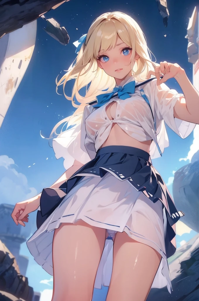 cowboy shot, filo, 1girl, solo, blond hair,embarrassed, closed mouth, flat chest,skinny,short stature,white wings, hite dress, blue bow, long hair, blue eyes, looking at viewer, parted bangs, bent over,(from below:1.5),(skirt lift:1.5), ((skirt grabs:1.3)),(panty shot:1.3),white panty,top-quality,Top image quality,perfect anatomy,masterpiece,ultra-detailliert,Beautiful,ultra-quality, best quality,high resolution, ultra-detailed,game cg,dutch angle ,beautiful detailed eyes,visualart,five fingers, perfect hands