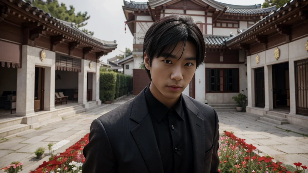 a man korean in front of a mansion full of blood. There are flowers and money around her. Ce personnage est tellement énigmatique que quand on le voit on se demande ce qu'il y a dans sa demeure. Il est accompagné de sa fille.