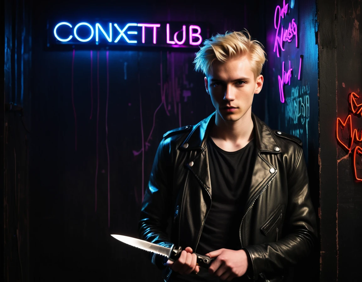 Photorealistic, dark vibes, solo, young man, 22 years, pale skin, model (skinny:1.3), (short messy blond hair:1.5), (black leather jacket:1.3), holding knife, dark lighting, foreboding, sexy, (neon sign that says:"CONTEXT":1.4), night club setting, BDSM background