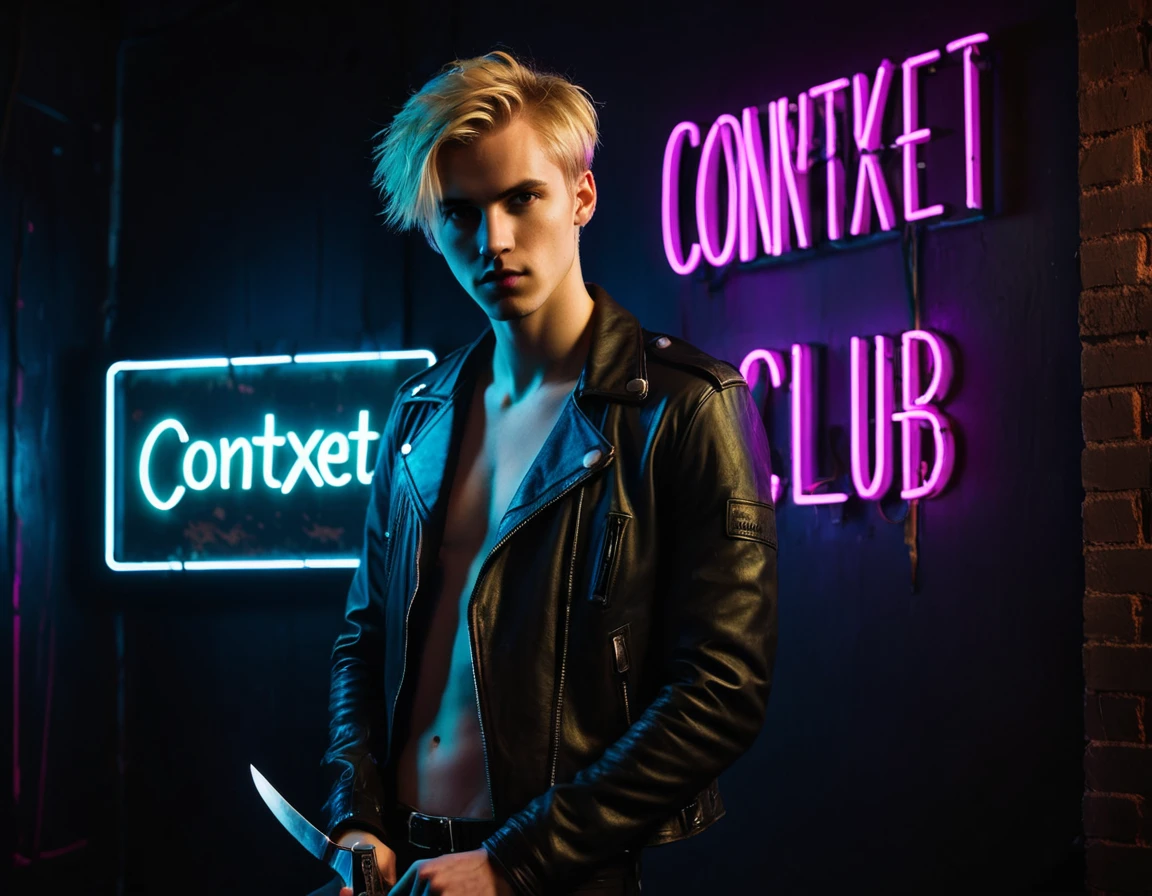 Photorealistic, dark vibes, solo, young man, 22 years, pale skin, model (skinny:1.3), (short messy blond hair:1.5), (black leather jacket:1.3), holding knife, dark lighting, foreboding, sexy, (neon sign that says:"CONTEXT":1.4), night club setting, BDSM background