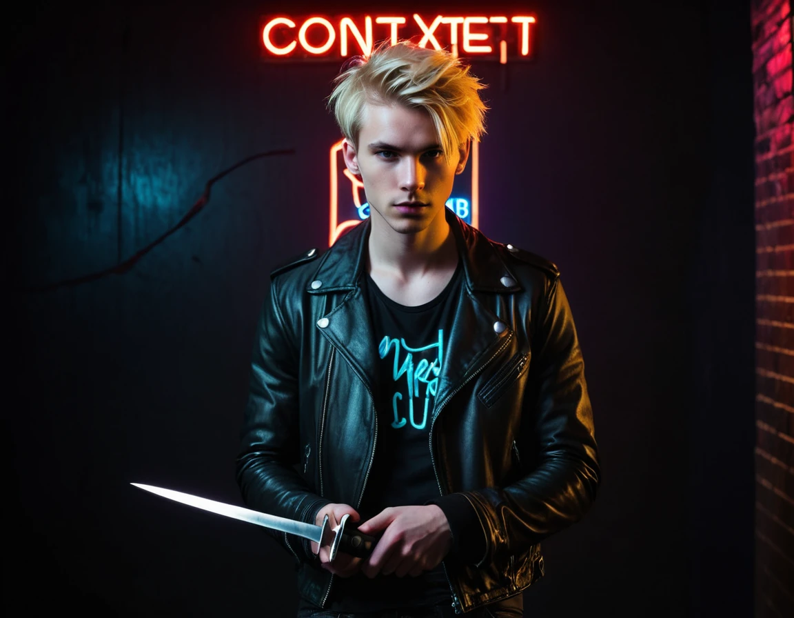 Photorealistic, dark vibes, solo, young man, 22 years, pale skin, model (skinny:1.3), (short messy blond hair:1.5), (black leather jacket:1.3), holding knife, dark lighting, foreboding, sexy, (neon sign that says:"CONTEXT":1.4), night club setting, BDSM background