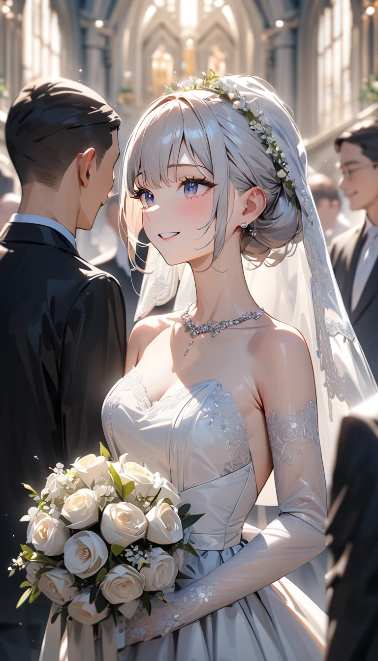 masterpiece , modern, Verism, masterpiece, super detail, best quality,4K , (((head shot))),Beautiful bride and groom standing next to each other,,wedding,People who bless those around,Inside the church,Happy atmosphere,Blurred background
