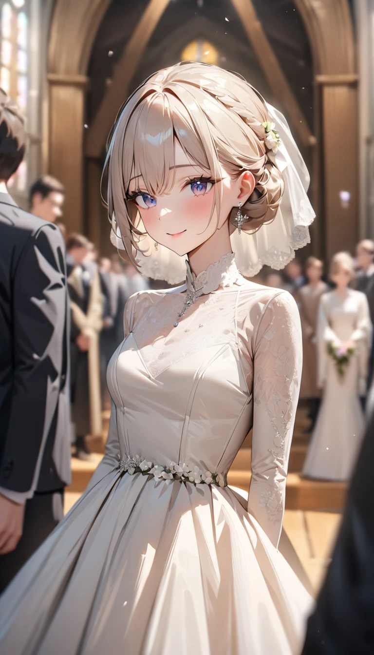 masterpiece , modern, Verism, masterpiece, super detail, best quality,4K , (((head shot))),Beautiful bride and groom standing next to each other,,wedding,People who bless those around,Inside the church,Happy atmosphere,Blurred background

