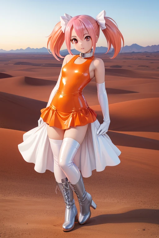 Perfect Anatomy Highest quality,Highest Resolution,(((Orange one piece dress Long skirt Silver Boots White Opera Gloves latex pink hair))) Metal Max 2:Reloaded 独奏 Twin tails Red Eye Slender 18-year-old end of the century desert wilderness