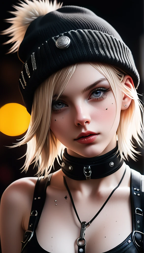 Meticulous, analog style, eye focused, highest quality, (highly detailed skin), photo of very beautiful pale skin Dutch punk girl, 21 years old, (wearing harness, and beanie), perfect face, alluring eyes, [seductive makeup], pore skin, (pierce:0.5), black background, (bokeh:0.6), sharp focus, mottled lighting, (backlight:0.7), film grain, photographed with a Sony A7R camera IV, 18mm F/1.7 cine lens, (highly detailed, intricate details), 8k, HDR, seductive posing, front view, (upper body: 0.9)