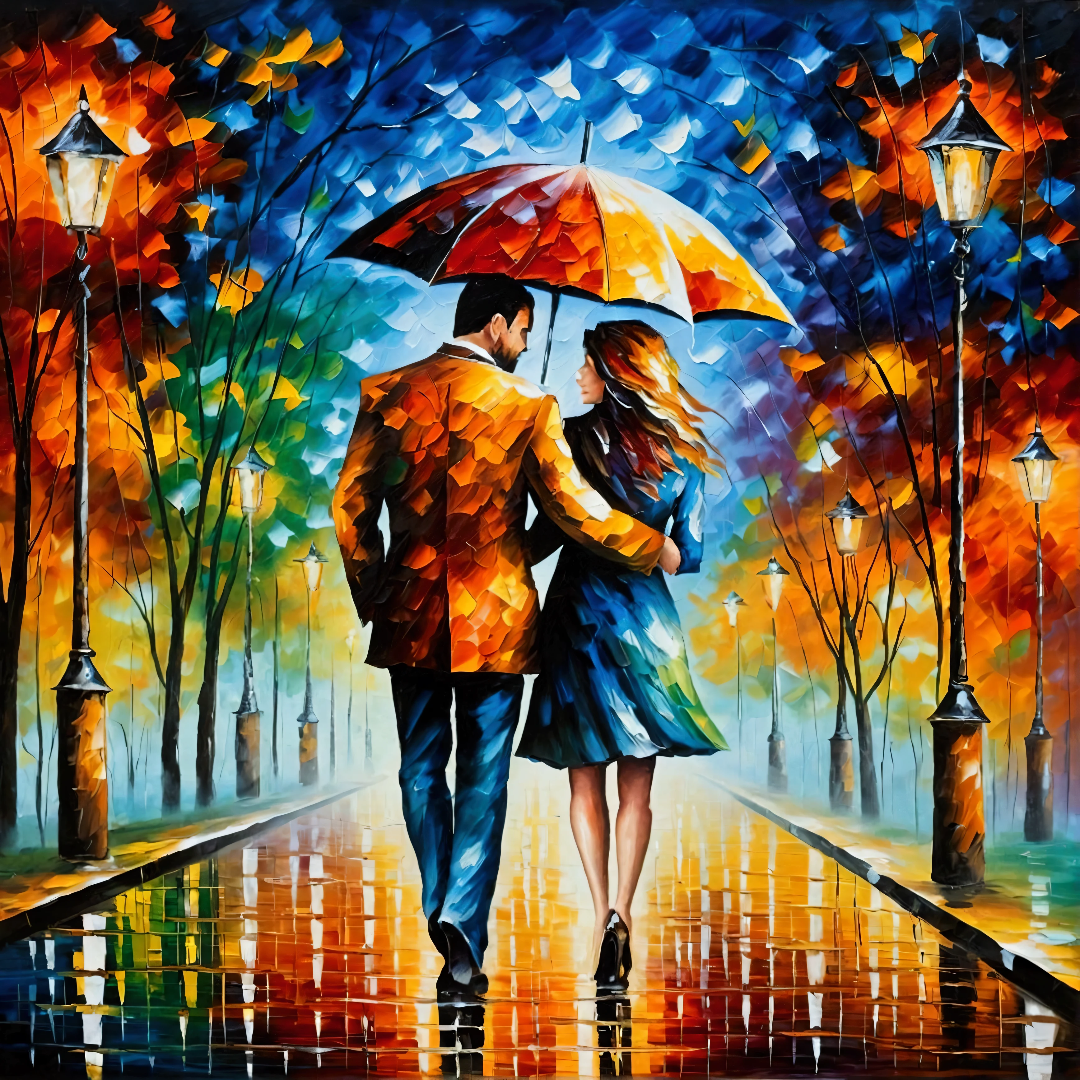 A couple walking in the rain with an umbrella, Afremov, Romantic painting, Afremov leonid, inspired レオニード・Afremov, style of leonid Afremov”, style of leonid Afremov, レオニード・Afremov, Covered in oil paintings, leonid Afremov and tim white, Painted with a palette knife. return, return socket
