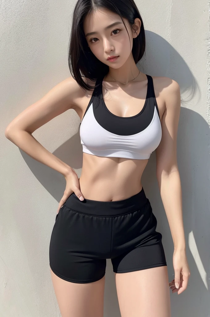 masterpiece、Highest quality、8K、Japanese Beauty、black hair lob、A black sports bra top camisole worn on bare skin、Black athletic shorts、The breasts are well shaped and large、Tight waist、black、Cang、white、Idol face、A small amount of sweat dripping onto bare skin