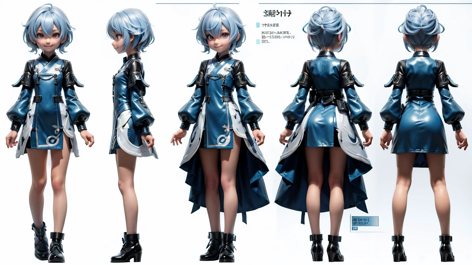 cute Japanese boy in a short gaming dress , short white curly  hairs , blue dress, gaming , smiling face, short dress full straight standing pose, 14yo student, Character Sheet, Full body,  Simple white background, character reference sheet, Concept art, design sheet, HD, full body, standing, modern futuristic dress,
