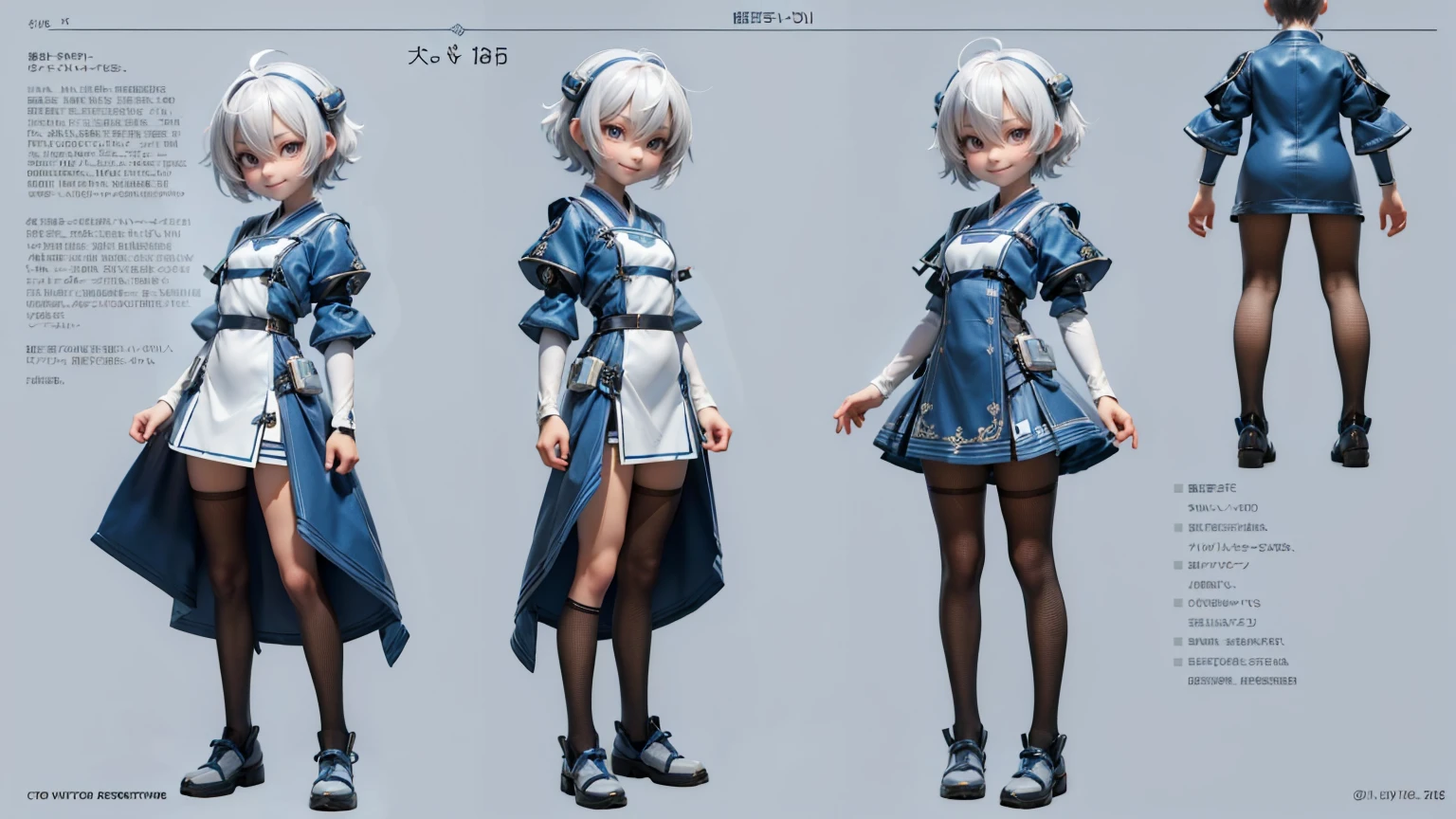 cute Japanese boy in a short gaming dress , short white curly  hairs , blue dress, gaming , smiling face, short dress full straight standing pose, , Character Sheet, Full body,  Simple white background, character reference sheet, Concept art, design sheet, HD, full body, standing, modern futuristic dress,