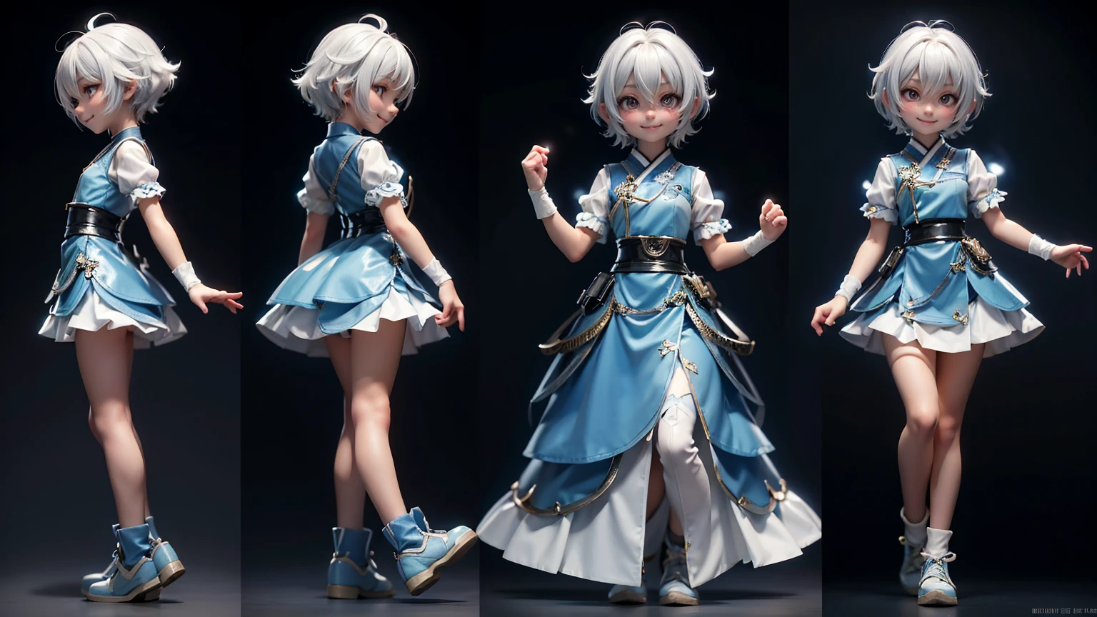 cute Japanese boy in a short gaming dress , short white curly  hairs , blue dress, gaming , smiling face, short dress full straight standing pose, 14yo student, Character Sheet, Full body,  Simple white background, character reference sheet, Concept art, design sheet, HD, full body, standing, modern futuristic dress,