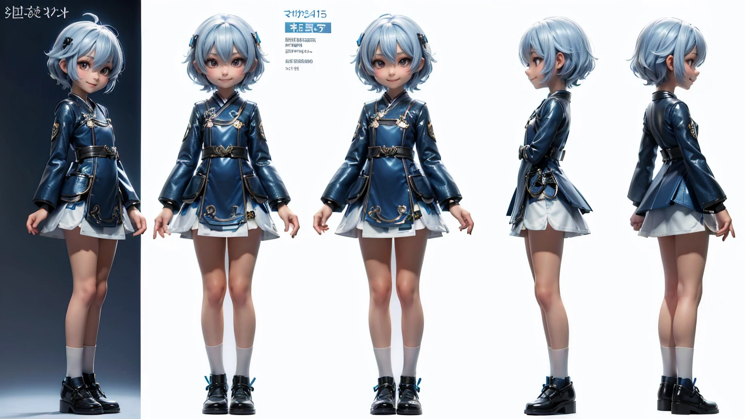 cute Japanese boy in a short gaming dress , short white curly hairs , blue dress, gaming , smiling face, short dress full straight standing pose, student, Character Sheet, Full body, Simple white background, character reference sheet, Concept art, design sheet, HD, full body, standing, modern futuristic dress,