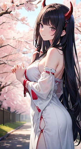 8k, Highest quality, The real picture, Intricate details, Ultra-detailed, Ultra-high resolution, Depth Field,(Photorealistic,Realistic:1.2),masterpiece, 0.25 :: Close-up , Front shot , , One Girl, , Very beautiful 17 year old girl, Sharp Eye,Devil horns , ,Straight bangs,Black-haired,Black straight long hair,Scarlet Eyes, Perfect glowing skin, Perfect Skin, White skin, Proudly, , Narrow waist, Light blush, solo, Looking at the audience, Old-fashioned smile, Five perfect fingers, Large Breasts,Shining Face,A road lined with cherry blossom trees in full bloom,In the same way,Small sleeves,,