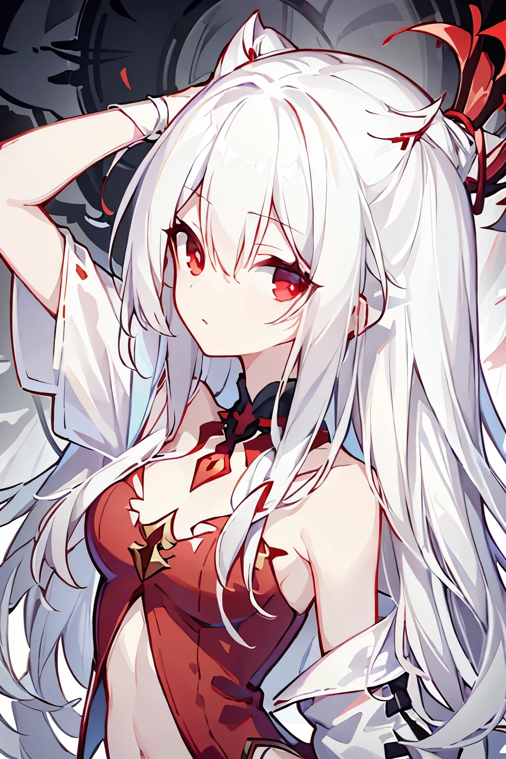 Girl sitting on red sand,Behind it is a raging dark red wave,The girl's white hair reaches to the waist,red pupils,gentleness,laughingly