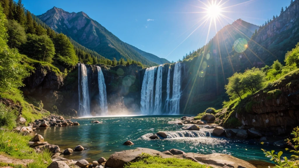 Waterfalls in the mountains in the bright sun