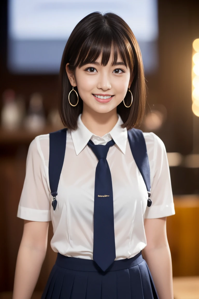 （masterpiece）、(Highest quality:1.5)、(Photorealistic:1.2)、(Surreal), (High resolution), (Realistic), (Post-processing),(Sharp focus), Sharp focus:1.2,Backlight, (Improvement of quality:1.4), (Narrow waist)、((Perfectly detailed five-fingered hands)),（Anatomically correct body）、((1 female:1.4))、Japanese、Realistic Skin、（Small chest：1.4）、Bust size is A cup、Pretty woman with perfect figure:1.4,(from the front:1.5), (Enhances the beauty of skin texture:1.1),No makeup、美しいBlack Hair、smile、Natural color lip、(Small Mouth:1.4)、The mouth is not open、Thick lips、(Oval Face)、Even bangs、Hide eyebrows with bangs、((33-year-old woman))、Bob Hair、Hair blowing in the wind, (Black Hair, Iris, Watery eyes, Shining Eyes, Bob cut hair, Small earrings,), Hair behind the ear、No makeup、(Drooping eyes)、(((One lovely woman)),((優しい大きなsmile)),(( Small breasts,Small breastsの谷間)),((((Plump Cheeks)))),very cute,(Baby Face),Raccoon face、 ((Dark interior with eye-catching neon lights、No window、Alcohol is displayed、Dark Room:1))(Photorealistic)、((Full Body Shot))(((I can see up to my ankles)))((Schoolgirl uniform、Medium Hair:1.4))、((Looking at the audience、smile))、((Unpack the box、Loose tie))